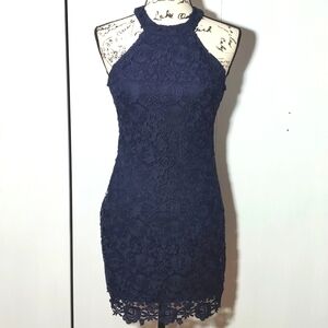 Lu Lu's  Women's Navy Blue Crochet Halter Mini Dress Mod Chic Sz.S